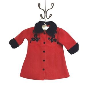Pete's Partner Fleece‎ Coat Kids 12M Red Faux Fur Trim Floral Embroidered Button